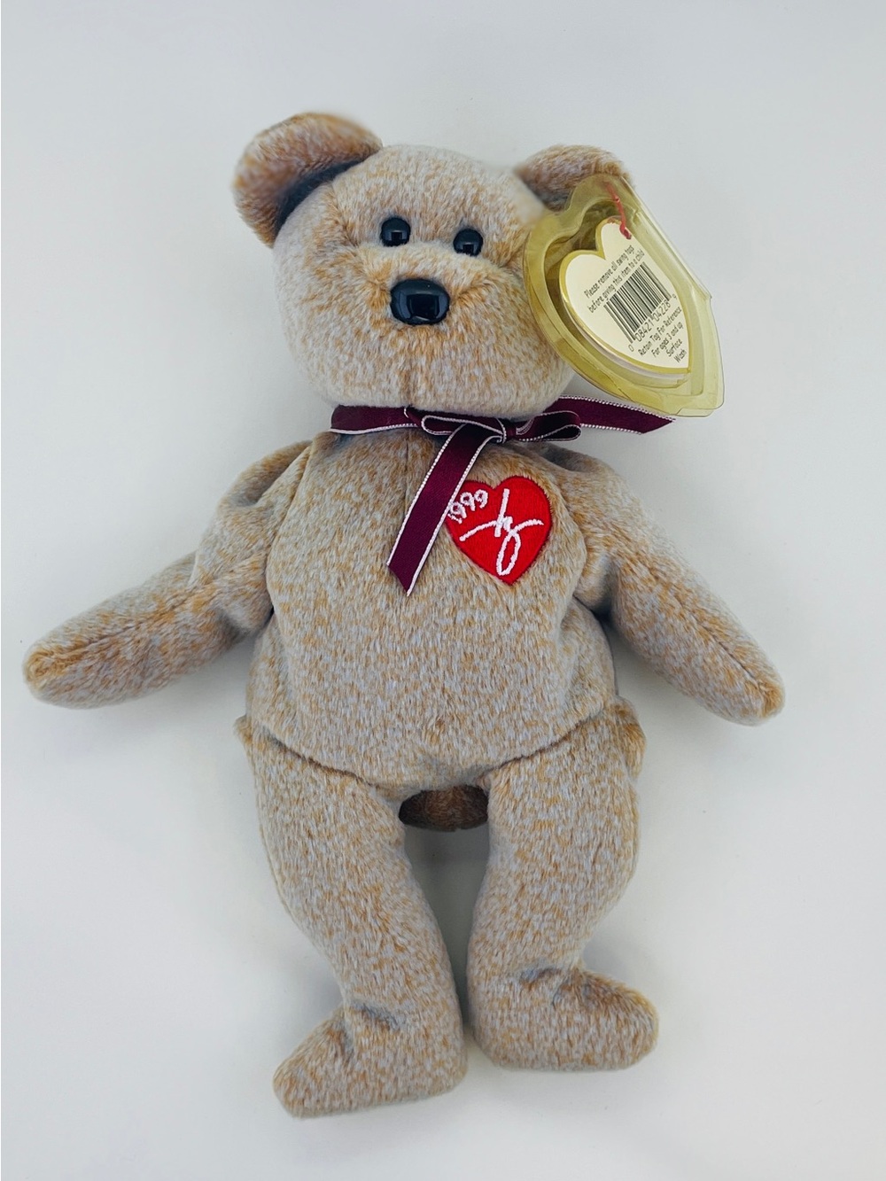 Ty Beige/Brown Plush Bear with Red Heart Patch and Maroon Bow